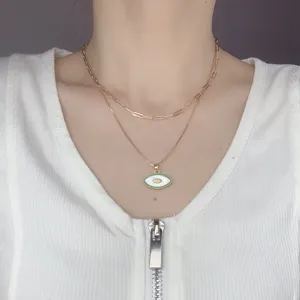 Gold double layer necklace with white mother-of-pearl evil eye pendant chic clavicle chain