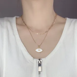 Double layer gold necklace with evil eye white mother of pearl pendant for women fashion