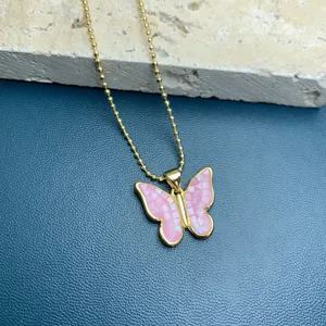 Fashion gold bead chain necklace with pink shell butterfly pendant for women chic jewelry.