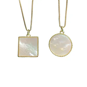 Gold-plated box chain necklaces featuring elegant square and round white mother-of-pearl pendants.