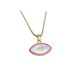 Gold evil eye pendant necklace with pink cubic zirconia and mother of pearl inlay.