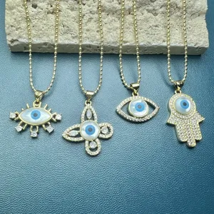 Copper Evil Eye Hamsa Hand Butterfly Pendant Necklace Gold Plated Mother of Pearl Rhinestone Clavicle Chain Jewelry