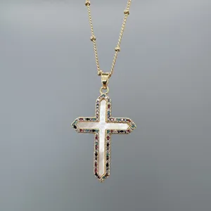 Gold Plated Copper Zirconia Mother of Pearl Cross Pendant Necklace Fashion Chain Jewelry Gift For Women