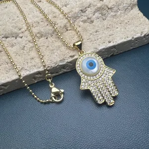 Gold Hamsa Hand Evil Eye Necklace Mother of Pearl Zirconia Pendant Jewelry for Women