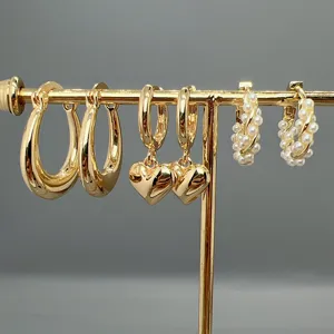 Pendientes de Aros Trenzados de Cobre Chapado en Oro con Corazón y Perla Artificial Diseño de Nicho Joyería de Moda para Mujeres Fiesta