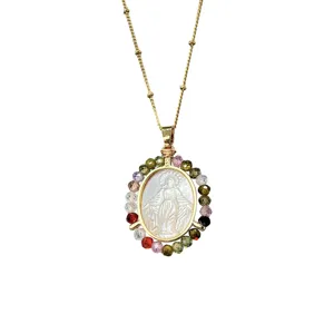 Elegante Collana Con Pendente Madonna Madreperla Oro Vintage Catena Perline Donna