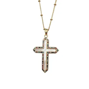 Gold Cross Necklace with Colorful Zircon and White Shell Pendant European Style Chic Jewelry