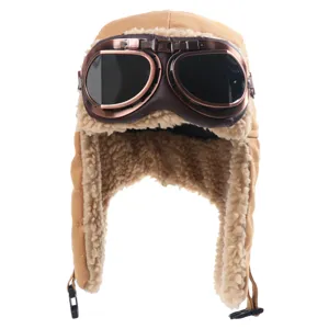 Bonnet aviateur chaud avec lunettes, casquette polaire rétro oreillard coupe-vent pour cyclisme.
