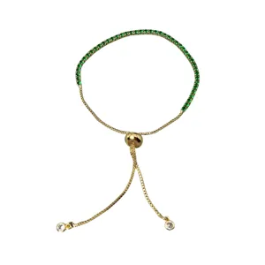 Elegant green zircon slider bracelet for women, adjustable gold plated tennis bracelet.