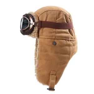 Bonnet aviateur d'hiver chaud avec lunettes, fourrure epaisse en laine d'agneau marron coupe-vent.