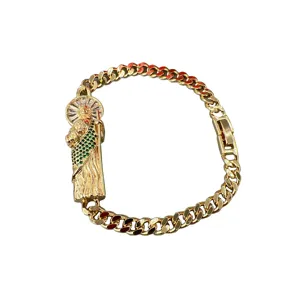 Gold Cuban link bracelet featuring Saint Jude religious pendant with green and white zircon stones.