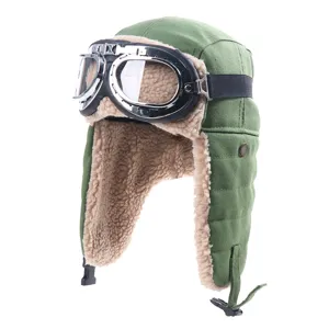 Vintage winter aviator hoed met bril, gevoerde trapper muts voor buiten fietsen en kou.