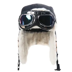 Cappello da aviatore invernale ispessito con occhiali, tela grigia paraorecchie in peluche.