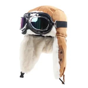 Berretto da aviatore invernale con occhiali, tela spessa e paraorecchie in peluche per freddo esterno.