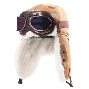 Winter thermische pilotenmuts met bril, canvas bombermuts met dikke pluche voering voor buiten.