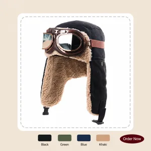 Chapeau Bombardier Pilote Vintage Pour Hommes Femmes Hiver Chaud Doublé Polaire Avec Lunettes Cyclisme Extérieur Coupe-vent
