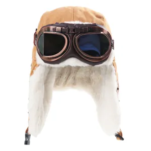 Winter warme canvas vliegeniersmuts met bril, dikke nepbont voering, winddichte buitenmuts.