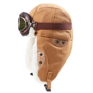 Winter canvas bomberhoed met skibril, warme pluche vliegeniersmuts voor buiten skiën.
