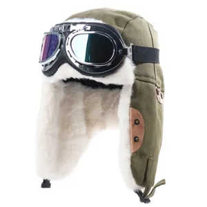 Cappello da aviatore invernale con occhiali, tela spessa e peluche caldo per ciclismo all'aperto.