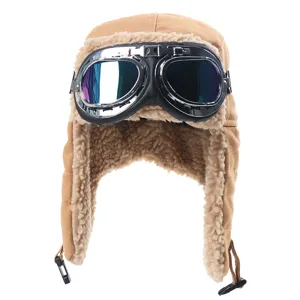 Vintage piloten wintermuts met skibril, warme fleece oorflap pet voor buiten fietsen.