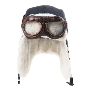 Winter warme pilotenmuts met vliegeniersbril, gevoerde winddichte oorklep sneeuwmuts detail weergave.