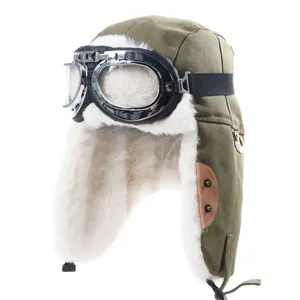 Cappello aviatore inverno con occhiali, tela verde militare e pelliccia sintetica, caldo.