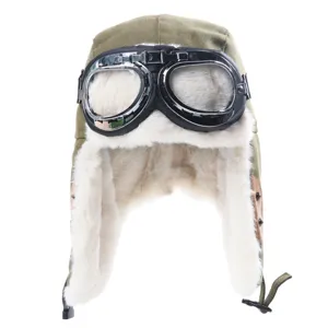 Cappello da aviatore invernale con occhiali, tela spessa e pelliccia per ciclismo all'aperto.