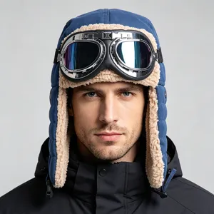 Retro winter vliegeniershoed met bril, dikke lamswollen oorklep winddichte warme muts.