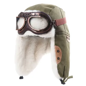 Winter canvas bombermuts met skibril, dikke nepbont gevoerde winddichte pilotenmuts voor buiten.