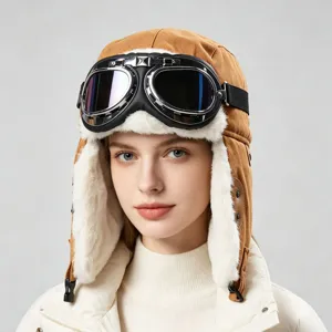 Cappello da trapper aviatore invernale caldo con occhiali paraorecchie in peluche marrone