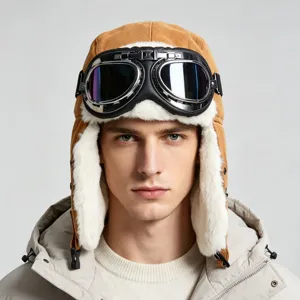 Cappello aviatore invernale con occhiali, cuffia spessa in peluche per freddo all'aperto.
