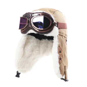Winter canvas pilotenmuts met skibril, warme gevoerde winddichte oorlap muts voor buiten skiën.