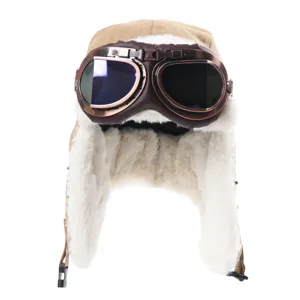 Winter canvas pilotenmuts met skibril, dikke pluche warme voering, winddichte bombermuts.