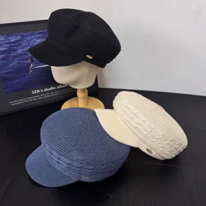 Retro women knitted newsboy cap flat top painter hat breathable casual sun hat multi color
