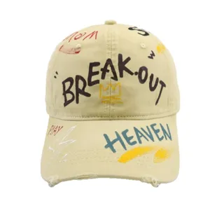 Distressed vintage baseball cap with stylish graffiti letters and cool street style design.