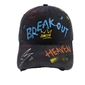 Black washed graffiti baseball cap with colorful letter print, stylish hip-hop streetwear hat.
