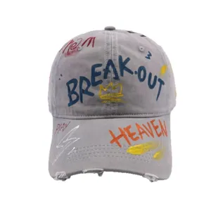 Grey streetwear graffiti baseball cap with distressed brim, stylish casual couple hat.