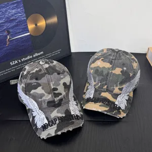 Camo embroidered angel wings baseball cap, stylish streetwear hat for men and women.