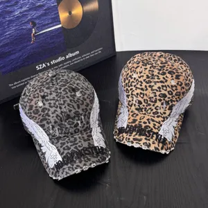 Leopard print baseball caps featuring embroidered angel wings and stylish streetwear text designs.