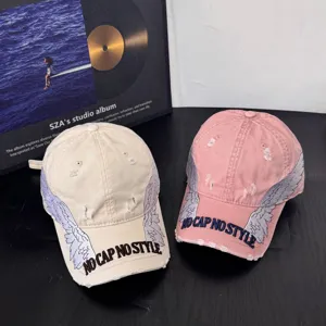 Distressed baseball cap with wings embroidery and letter print, streetwear sunshade hat.
