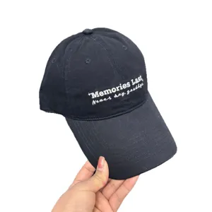 Black cotton baseball cap with white embroidered quote, soft top casual duck tongue sun hat.
