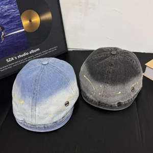 Vintage gradient Denim Schiebermütze für Damen, Retro Washed Beret mit Farbspritzer.
