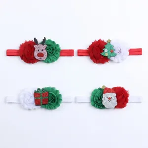 Christmas baby headband set details, featuring red-green floral appliques with cute holiday themes.