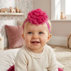 Chiffon bloem baby haarband detailopname, comfortabele elastische band voor dagelijks gebruik.