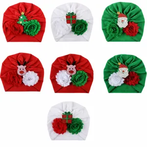 Christmas baby turban hat newborn flower cap with cute holiday ornaments various colors.