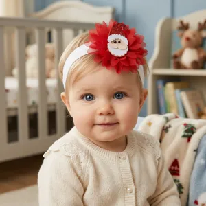 Cute Christmas baby headband with red chiffon flower and adorable Santa Claus for infants.
