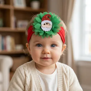 Cute Christmas baby headband detail shot featuring green mesh flower and soft red nylon band.