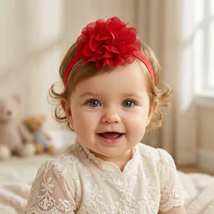 Schattige baby haarband met rode chiffon bloem, zacht en comfortabel voor dagelijks gebruik.