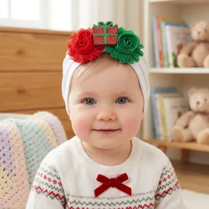 Christmas baby headband turban with red green flowers and glitter gift box for infants.
