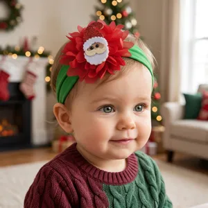 Christmas baby headband detail showing red chiffon flower and green soft nylon band.